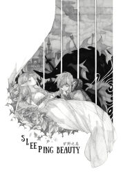 Rule 34 | 1boy, 1girl, absurdres, arrow (projectile), blending, bracelet, breasts, castle, closed eyes, curtains, dress, english text, flower, greyscale, hand on own stomach, hand up, highres, holding hands, hood, hood down, jewelry, kiss, kissing hand, link, long hair, monochrome, nintendo, outside border, planstar, pointy ears, princess zelda, sleeping, sleeping beauty, strapless, strapless dress, the legend of zelda