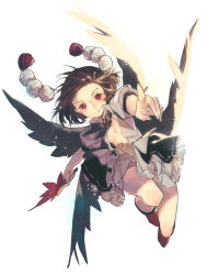 Rule 34 | 1girl, black wings, breasts, brown hair, hand fan, full body, hat, misti, multiple wings, open clothes, open shirt, outstretched arms, pointing, pointing at viewer, pom pom (clothes), puffy sleeves, red eyes, ribbon, shameimaru aya, shirt, short hair, short sleeves, simple background, skirt, smile, solo, string, tokin hat, touhou, upskirt, white background, wings