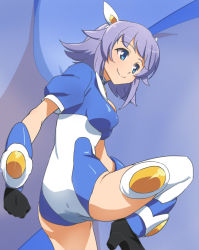 Rule 34 | 10s, 1girl, armor, ass, black gloves, blue eyes, blue hair, bodysuit, boots, breasts, clenched hand, closed mouth, flipped hair, from side, fujihara hibari, gloves, greaves, happy, haruyama kazunori, headgear, high heel boots, high heels, leg lift, leg up, leotard, light smile, looking to the side, matching hair/eyes, medium breasts, puffy short sleeves, puffy sleeves, purple hair, robot girls z, short hair, short sleeves, sideboob, sidelocks, smile, solo, standing, standing on one leg, thighhighs, vambraces, white thighhighs