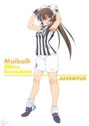 Rule 34 | 1girl, adjusting bow, armpits, bow, breasts, brown eyes, brown hair, cleats, commentary request, full body, hair bow, highres, inoue sora, juventus fc, kurodate mitsu, long hair, loose socks, mai ball!, ponytail, shirt, shorts, sleeves rolled up, soccer, soccer uniform, socks, solo, sportswear, striped clothes, striped shirt, vertical-striped clothes, vertical-striped shirt, white background, wristband
