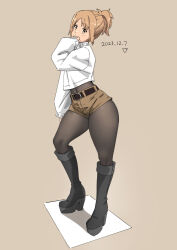 Rule 34 | 1girl, alternate costume, alternate hairstyle, blonde hair, blush, boots, brown eyes, covered navel, dated, full body, girls&#039; frontline, high heels, highres, knee boots, light brown background, looking at viewer, midriff, mp40 (girls&#039; frontline), short shorts, shorts, solo, sweater, triangle bullet, white sweater