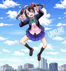 Rule 34 | 10s, 1girl, \m/, black hair, blazer, blush, bow, cardigan, cloud, day, double \m/, fuugetsu makoto, hair bow, highres, jacket, jumping, kneehighs, loafers, long hair, looking at viewer, love live!, love live! school idol project, nico nico nii, open clothes, open jacket, open mouth, red eyes, school uniform, shoes, skirt, sky, smile, socks, solo, twintails, yazawa nico