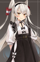 Rule 34 | 1girl, alternate costume, amatsukaze (kancolle), black dress, black hairband, blouse, blush, brown eyes, closed mouth, collared shirt, dress, frilled dress, frills, hair between eyes, hair tubes, hairband, highres, kantai collection, long hair, puffy sleeves, shirt, silver hair, smile, solo, two side up, upper body, white shirt, yunamaro