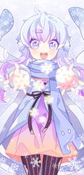 Rule 34 | 1girl, :d, blue eyes, blue hair, blue scarf, blush, brown pantyhose, brown ribbon, dress, gradient dress, gradient hair, hair ornament, hairclip, ie (nyj1815), long sleeves, looking at viewer, multicolored eyes, multicolored hair, okhotsk yukari, open mouth, orange dress, outstretched arms, pantyhose, pink hair, puffy long sleeves, puffy sleeves, purple dress, purple hair, ribbon, round teeth, scarf, short dress, short hair with long locks, smile, snowflakes, solo, striped clothes, striped pantyhose, teeth, thick eyebrows, upper teeth only, vertical-striped clothes, vertical-striped pantyhose, vocaloid, voiceroid, yuzuki yukari