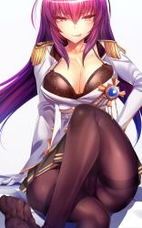 Rule 34 | bad id, bad pixiv id, black legwear, black skirt, breasts, cleavage, dress, fate/grand order, fate (series), gloves, highres, large breasts, licking lips, long hair, looking at viewer, miniskirt, official alternate costume, pantyhose, purple eyes, scathach (fate), scathach (makyou sergeant) (fate), silly (marinkomoe), skirt, straight hair, tongue, tongue out, uniform, white dress, white gloves