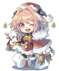 Rule 34 | 1boy, antlers, artist name, astolfo (fate), bell, black bow, black gloves, black thighhighs, boots, bow, braid, christmas, christmas tree, coat, deformed, fang, fate/grand order, fate (series), fur-trimmed boots, fur-trimmed coat, fur-trimmed headwear, fur trim, garter straps, gloves, hair bow, hair intakes, hand on own hip, hat, hippogriff, holding, holding sack, holding stuffed toy, horns, kidhukaji, long braid, long hair, male focus, multicolored hair, neck bell, one eye closed, open mouth, pink hair, pom pom (clothes), purple eyes, reindeer antlers, sack, santa costume, santa hat, simple background, single braid, skin fang, smile, solo, streaked hair, stuffed toy, thighhighs, trap, two-tone bow, two-tone hair, white background, white bag, white hair