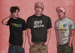 Rule 34 | 3boys, :p, bad id, bad tumblr id, bara, black hair, blonde hair, character request, couple, cris art, feet out of frame, gay shirt, hand on own neck, hands in pockets, hulkling, lgbt pride, long sideburns, male focus, marvel, multiple boys, print shirt, rainbow belt, shirt, short hair, sideburns, smile, standing, thick eyebrows, toned, toned male, tongue, tongue out, wiccan, yaoi