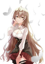 Rule 34 | 1girl, absurdres, ahoge, brown corset, brown eyes, brown hair, cleavage cutout, clothing cutout, commentary, corset, feathers, hair down, hair ornament, hairclip, hand on own face, highres, hololive, hololive english, kd (kdh45689), long hair, looking at viewer, multicolored hair, nanashi mumei, red skirt, shirt, single thighhigh, skirt, solo, streaked hair, thigh strap, thighhighs, very long hair, virtual youtuber, white shirt
