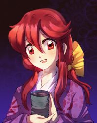 Rule 34 | 1girl, blue background, blush, bow, cup, dungeon toaster, floral print, hair bow, highres, holding, holding cup, japanese clothes, kimono, kotohime (touhou), long hair, long sleeves, looking at viewer, open mouth, purple kimono, red eyes, red hair, simple background, teeth, touhou, touhou (pc-98), upper body, upper teeth only, yellow bow