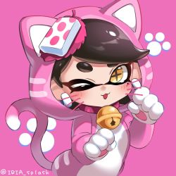 Rule 34 | 1girl, ;3, ;d, animal costume, animal ears, animal hands, animal hood, artist name, bell, black hair, blush, callie (splatoon), cat costume, cat day, cat ears, cat girl, cat hood, collar, commentary request, drawn whiskers, earrings, food, hair ornament, hands up, highres, hood, hood up, inkling, iria (yumeirokingyo), jewelry, jingle bell, looking at viewer, mole, mole under eye, neck bell, nintendo, one eye closed, open mouth, paw pose, paw print, pink background, pink collar, short eyebrows, simple background, smile, solo, splatoon (series), splatoon 2, sushi, swept bangs, symbol-shaped pupils, tail, tentacle hair, thick eyebrows, twitter username, whiskers, yellow eyes