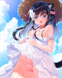 Rule 34 | 1girl, animal ear fluff, animal ears, bare shoulders, black hair, blue sky, bow, bow panties, breasts, brown hat, cameltoe, cat ears, cat girl, cat tail, cleft of venus, clothes lift, clothes pull, cloud, cloudy sky, commentary request, cowboy shot, day, dress, dress lift, dress pull, fang, flower, hair between eyes, hair flower, hair ornament, hat, highres, lifted by self, light blush, long hair, looking at viewer, multicolored hair, mutou mato, nipples, open mouth, original, outdoors, panties, pink flower, pink panties, round teeth, sky, small breasts, solo, straw hat, tail, teeth, tongue, tongue out, two-tone hair, underwear, very long hair, white dress, white hair