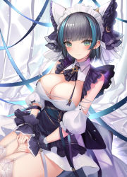 Rule 34 | 1girl, animal ears, azur lane, bare shoulders, black dress, black hair, blue ribbon, breasts, cat ears, cheshire (azur lane), cleavage, collared dress, cowboy shot, detached sleeves, dress, fake animal ears, frilled dress, frills, garter straps, green eyes, large breasts, looking at viewer, maid headdress, mizuya nao, multicolored hair, neck ribbon, ribbon, short hair, smile, solo, streaked hair, thighhighs, white thighhighs, wing collar, wrist cuffs, zettai ryouiki