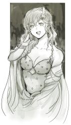 Rule 34 | 1girl, breasts, cape, cleavage, collarbone, detached sleeves, earrings, final fantasy, final fantasy iv, greyscale, hair ornament, highres, jewelry, long hair, looking at viewer, medium breasts, monochrome, odendazo, aged up, open mouth, rydia (ff4), smile, solo