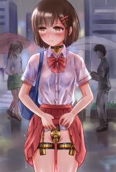 Rule 34 | 1girl, :|, bag, blouse, blush, bow, bowtie, breasts, brown eyes, brown hair, building, buttons, chastity belt, choker, city, closed mouth, clothes lift, collared shirt, cowboy shot, crosswalk, crying, dot nose, embarrassed, exhibitionism, facing viewer, hair ornament, hairclip, handbag, heart-shaped lock, highres, lock, looking to the side, medium hair, no panties, original, outdoors, people, plant, pleated skirt, public indecency, rain, red bow, red bowtie, red skirt, reflective floor, school uniform, shiny skin, shirt, short sleeves, skirt, skirt lift, small breasts, solo focus, standing, tears, thigh strap, umbrella, walking, wet, wet clothes, white shirt, wing collar, ym (a901)