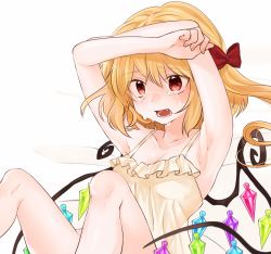 Rule 34 | 1girl, armpits, arms up, bad id, bad pixiv id, blonde hair, bow, chemise, crying, crying with eyes open, crystal, fang, flandre scarlet, gotou (nekocat), hair bow, looking away, no headwear, no headwear, open mouth, red eyes, short hair, short hair with long locks, side ponytail, simple background, sleeveless, solo, tears, touhou, white background, wings