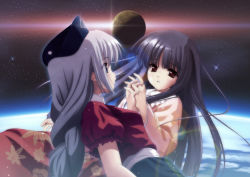 Rule 34 | 2girls, black hair, braid, crying, crying with eyes open, earth (planet), eye contact, eyes visible through hair, female focus, from side, hat, holding hands, houraisan kaguya, interlocked fingers, leaf print, long hair, long sleeves, looking at another, moon, multiple girls, nurse cap, orino yushi, planet, profile, puffy short sleeves, puffy sleeves, red eyes, short sleeves, silver hair, single braid, sky, smile, space, star (sky), starry sky, tears, touhou, yagokoro eirin, yuyu (20563031)