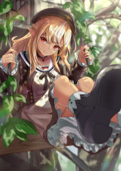 Rule 34 | 1girl, artist request, black footwear, blonde hair, boots, brown dress, choker, closed mouth, collarbone, dark-skinned female, dark skin, dress, frilled dress, frills, highres, hololive, long hair, looking at viewer, official alternate costume, red eyes, sailor collar, sailor dress, shiranui flare, shiranui flare (street), smile, solo, swing, virtual youtuber, white sailor collar
