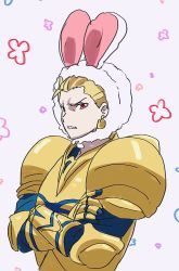 Rule 34 | 1boy, animal ears, armor, blonde hair, rabbit ears, clenched teeth, commentary request, crossed arms, earrings, fate/stay night, fate (series), gauntlets, gilgamesh (fate), jewelry, lock, lock earrings, male focus, mi (pic52pic), pauldrons, red eyes, shoulder armor, solo, teeth, upper body