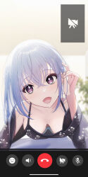 Rule 34 | 1girl, absurdres, bare shoulders, black shirt, blue hair, blush, breasts, cellphone, cleavage, detached sleeves, floral print, highres, idolmaster, idolmaster shiny colors, indoors, long hair, looking at viewer, medium breasts, open mouth, phone, purple eyes, shirt, sikimosh, smartphone, smile, solo, suzuki hana, user interface, video call