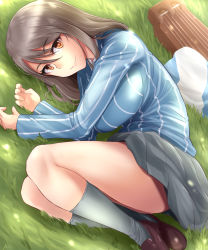 Rule 34 | 1girl, blue hat, brown eyes, brown footwear, brown hair, closed mouth, commentary, dappled sunlight, day, fetal position, from above, girls und panzer, grass, grey skirt, grey socks, hat, highres, instrument, kantele, keizoku school uniform, kitayama miuki, loafers, long hair, long sleeves, looking at viewer, lying, mika (girls und panzer), miniskirt, on side, outdoors, pleated skirt, school uniform, shirt, shoes, skirt, smile, socks, solo, striped clothes, striped shirt, sunlight, tulip hat, unworn hat, unworn headwear, vertical-striped clothes, vertical-striped shirt