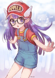 Rule 34 | 1girl, baseball cap, blue overalls, blush, breast pocket, character name, chestnut mouth, child, clothes writing, dr. slump, glasses, hat, layered clothes, long hair, looking at viewer, meto31, mini wings, norimaki arale, outstretched arms, overall shorts, overalls, pocket, purple eyes, purple hair, red hat, retro artstyle, round eyewear, solo, winged hat, wings, wrists extended