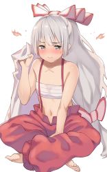 Rule 34 | 1girl, :t, bare arms, bare shoulders, barefoot, blush, bow, chest sarashi, collarbone, fire, fujiwara no mokou, grey eyes, hair bow, indian style, long hair, looking at viewer, pants, sarashi, silver hair, simple background, sitting, solo, suspenders, touhou, very long hair, white background, zuttokodomo