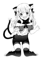 Rule 34 | &gt;:d, 1girl, animal ear fluff, animal ears, black thighhighs, blush, bodysuit, bow, cameltoe, cat ears, cat tail, claw pose, clothes lift, covered navel, fangs, full body, greyscale, hair bow, hair ornament, hairclip, highres, kneeling, medium hair, monochrome, muku (muku-coffee), multiple tails, original, pelvic curtain, pelvic curtain lift, skin tight, solo, strapless, tail, thigh gap, thighhighs, v-shaped eyebrows, white hair
