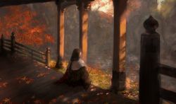 Rule 34 | 1girl, absurdres, autumn, autumn leaves, black hair, commentary request, divine child of rejuvenation, facing away, from behind, highres, huge filesize, japanese clothes, kimono, leaf, long hair, long sleeves, nature, nira (nira box), outdoors, pillar, railing, scenery, sekiro: shadows die twice, sitting, solo, stairs, tree, water, wooden floor