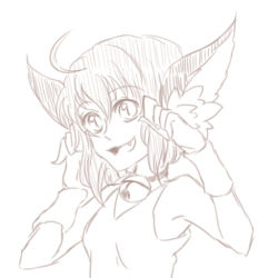 Rule 34 | 1girl, ahoge, animal ears, bell, breasts, cat ears, choker, dark cloud, fang, greyscale, jingle bell, monochrome, nyan, paw pose, simple background, small breasts, smile, solo, tank top, tooth, white background, xiao (dark cloud)