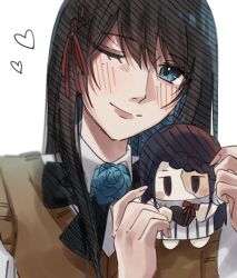 Rule 34 | 1girl, ado (utaite), black bow, black bowtie, black hair, blue eyes, blue flower, blue hair, blue rose, blush, bow, bowtie, braid, braided bangs, brown sweater vest, chando (ado), character doll, closed mouth, cloud nine inc, collared shirt, colored inner hair, commentary, flower, flower brooch, gira gira, hair between eyes, highres, long hair, looking at viewer, multicolored hair, one eye closed, rose, shirt, sidelocks, simple background, solo, spica (spica5f9ea0), sweater vest, symbol-only commentary, two-tone hair, upper body, utaite, white background, white shirt
