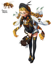 Rule 34 | 1girl, absurdres, bag, bee, black footwear, black hair, black thighhighs, blonde hair, bug, full body, glasses, green eyes, hat, highres, holding, holding bag, insect, jacket, jacket on shoulders, long sleeves, looking at viewer, multicolored hair, original, personification, pleated skirt, print headwear, rinotuna, scarf, shoes, simple background, skirt, smile, solo, standing, streaked hair, thighhighs, white background, white jacket, white skirt
