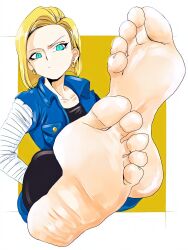 Rule 34 | 1girl, absurdres, android 18, barefoot, blonde hair, blue eyes, dragon ball, dragonball z, feet, highres, looking at viewer, medium hair, soles, ticklelove1, toes