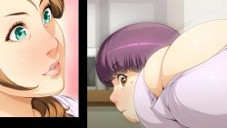 Rule 34 | 1boy, 1girl, age difference, blush, breasts, brown hair, character request, charm point, child, cleavage, curvy, green eyes, hetero, highres, huge breasts, lavender shirt, long hair, looking at breasts, mature female, oba-san to boku no h na obenkyou, parted lips, purple hair, short hair, sweatdrop, swept bangs