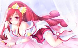 Rule 34 | 1girl, bad id, bad pixiv id, boots, bow, breasts, brooch, choker, cleavage, cure ace, dokidoki! precure, dress, hair bow, hair ornament, heart, highres, jewelry, knee boots, lipstick, long hair, lying, madoka aguri, magical girl, makeup, on bed, on stomach, precure, red eyes, red hair, red skirt, skirt, smile, solo, wrist cuffs, yayayoruyoru