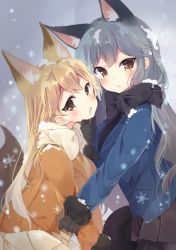 Rule 34 | 10s, 2girls, :o, animal ears, bad id, bad twitter id, black bow, black bowtie, black gloves, black skirt, blonde hair, blue jacket, blush, bow, bowtie, breasts, ezo red fox (kemono friends), fox ears, fox tail, fur-trimmed sleeves, fur trim, gloves, grabbing another&#039;s chin, grey hair, hand on another&#039;s chin, highres, irone (miyamiya38), jacket, kemono friends, long hair, long sleeves, looking at viewer, medium breasts, miniskirt, multiple girls, open mouth, orange jacket, pantyhose, pleated skirt, pocket, silver fox (kemono friends), skirt, smile, snow, snowflakes, tail, white bow, white bowtie, white skirt, yellow eyes, yuri