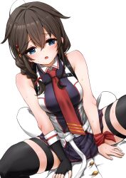 Rule 34 | 1girl, admiral (kancolle), ahoge, black gloves, black skirt, blue eyes, blush, braid, breasts, brown hair, girl on top, gloves, gouta (nagishiro6624), hair flaps, hair over shoulder, highres, kantai collection, large breasts, long hair, necktie, pleated skirt, red necktie, shigure (kancolle), shigure kai san (kancolle), shirt, single braid, skirt, sleeveless, sleeveless shirt, solo, white background