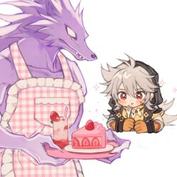Rule 34 | 1boy, animal, apron, blank eyes, blush, cake, cup, drinking straw, fangs, food, fork, frilled apron, frills, fruit, genshin impact, gloves, grey hair, hair between eyes, holding, holding fork, hood, hood up, long hair, male focus, orange gloves, parted lips, pink apron, plate, razor (genshin impact), razor is cute, red eyes, scar, scar on face, simple background, sparkle, strawberry, tray, white background, wolf