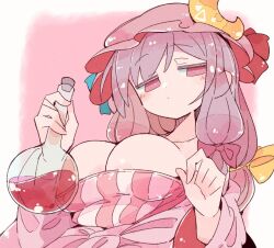 Rule 34 | 1girl, blue bow, blush, bow, breasts, closed mouth, crescent, crescent hat ornament, dress, flask, hair bow, hat, hat ornament, large breasts, long hair, long sleeves, massakasama, mob cap, patchouli knowledge, purple eyes, purple hair, purple hat, red bow, round-bottom flask, sidelocks, solo, striped clothes, striped dress, touhou, upper body, vertical-striped clothes, vertical-striped dress