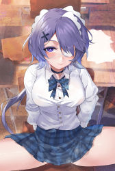 Rule 34 | 1girl, absurdres, alternate costume, arknights, blue bow, blue bowtie, blue choker, blue skirt, blush, bow, bowtie, breasts, chinese commentary, choker, commentary request, eyepatch, hair ornament, highres, hongbaise raw, indoors, large breasts, long hair, long sleeves, looking at viewer, miniskirt, partial commentary, plaid, plaid skirt, purple eyes, purple hair, shirt, sitting, skirt, smile, solo, spread legs, thighs, whisperain (arknights), white shirt, x hair ornament