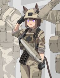 Rule 34 | 1girl, absurdres, animal ear fluff, animal ears, arm up, black gloves, brown hair, brown jacket, brown pants, bulletproof vest, cargo pants, cat ears, cat tail, commentary, ears through headwear, english commentary, fish, furrowed brow, gar32, gloves, helmet, highres, jacket, long sleeves, open mouth, original, pants, people, salute, short hair, slingshot (weapon), solo, solo focus, standing, tail, tearing up, x x