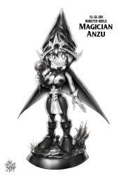 Rule 34 | 1girl, boots, breasts, cape, character name, cleavage, cleavage cutout, clothing cutout, commentary, copyright name, english commentary, full body, gloves, greyscale, hat, highres, large breasts, mazaki anzu, monochrome, pelvic curtain, smile, solo, the golden smurf, wand, wizard hat, yu-gi-oh!