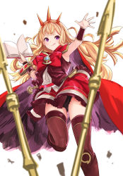 Rule 34 | 1girl, absurdres, armpits, black panties, blonde hair, book, boots, bracer, brown footwear, brown thighhighs, cagliostro (granblue fantasy), cape, commentary request, granblue fantasy, hairband, highres, long hair, open book, panties, purple eyes, red cape, red skirt, ribbon, skirt, solo, spiked hairband, spikes, tetsu (kimuchi), thighhighs, tiara, tongue, tongue out, underwear