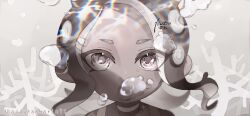 Rule 34 | 1girl, air bubble, artist name, bubble, choker, coral, covered mouth, eyes visible through hair, floating hair, gradient background, grey theme, highres, long hair, looking at viewer, nintendo, octoling, octoling girl, octoling player character, portrait, solo, splatoon (series), splatoon 3, splatoon 3: side order, straight-on, suction cups, tambarin inoue, tentacle hair, twitter username, white choker