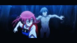 Rule 34 | 10s, 1boy, 1girl, animated, animated gif, backpack, bag, blue eyes, braid, chasing, clothed female nude male, forest, glasses, grisaia (series), grisaia no kajitsu, long hair, lowres, nature, nude, randoseru, red hair, running, school uniform, screencap, suou amane, twin braids