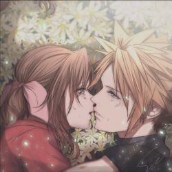 Rule 34 | 1boy, 1girl, aerith gainsborough, armor, blonde hair, blue eyes, blush, braid, braided ponytail, brown hair, cloud strife, couple, earrings, final fantasy, final fantasy vii, final fantasy vii rebirth, final fantasy vii remake, flower bed, green eyes, hair ribbon, half-closed eyes, hetero, highres, imminent kiss, jacket, jewelry, long hair, looking at another, parted bangs, parted lips, pink ribbon, red jacket, ribbon, short hair, shoulder armor, sidelocks, signature, single braid, single earring, spiked hair, turtleneck, upper body, wavy hair, yuu crazy doll sae