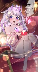 Rule 34 | 1girl, blush, chest jewel, colored inner hair, couch, crown, cup, drink, feet, gem, grey hair, hololive, hololive english, hot chocolate, koseki bijou, legs, lens flare, looking at viewer, moai, multicolored hair, naked sweater, nyas0123, off-shoulder sweater, off shoulder, open mouth, pickaxe, pink hair, purple eyes, sitting, solo, sweater, virtual youtuber