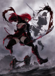Rule 34 | 1girl, armor, battle, battlefield, blue eyes, boots, breasts, carlos villa, center opening, cleavage, dark sky, dismemberment, dual wielding, fighting, gloves, highres, holding, japanese armor, large breasts, lipstick, makeup, original, pale skin, red hair, red lips, solo, sword, tail, thighhighs, upskirt, warrior, weapon
