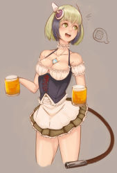 Rule 34 | 10s, 1girl, :d, ^^^, alcohol, apron, bare shoulders, beer, beer mug, blue hair, breasts, cable, cable tail, choker, cleavage, collarbone, corset, cowboy shot, cropped legs, cup, demstouts, detached sleeves, dimension w, dirndl, frilled sleeves, frills, german clothes, green eyes, green hair, green skirt, grey background, halterneck, head tilt, highres, looking to the side, matching hair/eyes, mechanical tail, medium breasts, mug, multicolored hair, open mouth, pleated skirt, puffy short sleeves, puffy sleeves, ribbon-trimmed clothes, ribbon-trimmed collar, ribbon trim, short hair, short sleeves, simple background, sketch, skirt, smile, solo, speech bubble, streaked hair, tail, turning head, two-tone hair, waist apron, waitress, yurizaki mira
