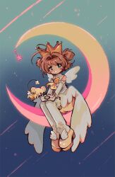 Rule 34 | 1girl, blush stickers, brown hair, cardcaptor sakura, child, commentary, crescent, crown, english commentary, gloves, green eyes, hair intakes, heart, heart hands, highres, kero (cardcaptor sakura), kinomoto sakura, kitchupsandwich, looking at viewer, magical girl, moon, on crescent, sitting, star (symbol), wings, yellow footwear