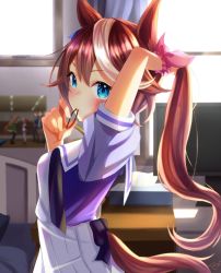 Rule 34 | adjusting hair, animal ears, blue eyes, blurry, blurry background, breasts, commentary request, hair tie, highres, horse ears, horse girl, horse tail, long hair, looking at viewer, mouth hold, photo (object), ponytail, ponzu (rrrritisu), school uniform, small breasts, tail, tokai teio (umamusume), tracen school uniform, umamusume, window